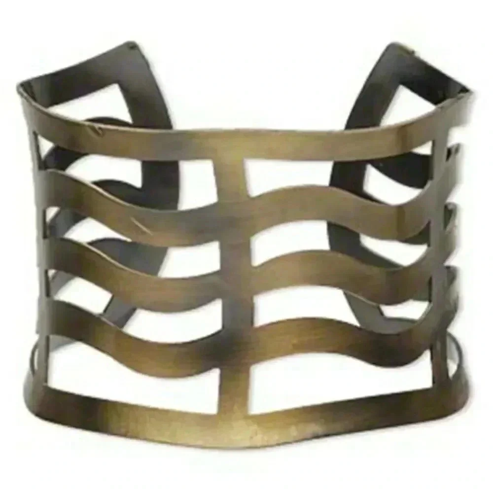 Mid Century Modernist Style Antiqued Brass Wave Cutout 48mm Wide Cuff Bracelet